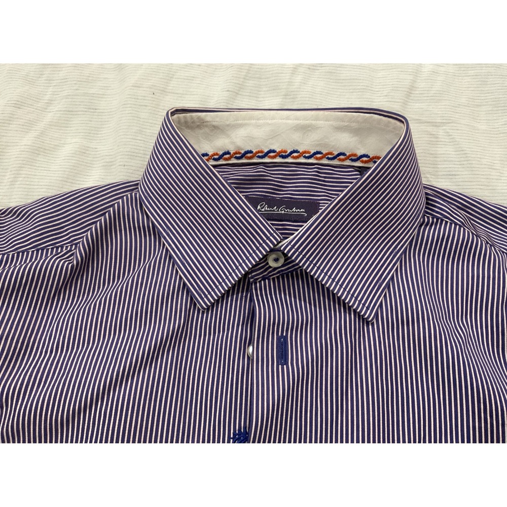 Robert Graham Mens Purple White Striped Long Sleeve Button Down Shirt Size 15.5